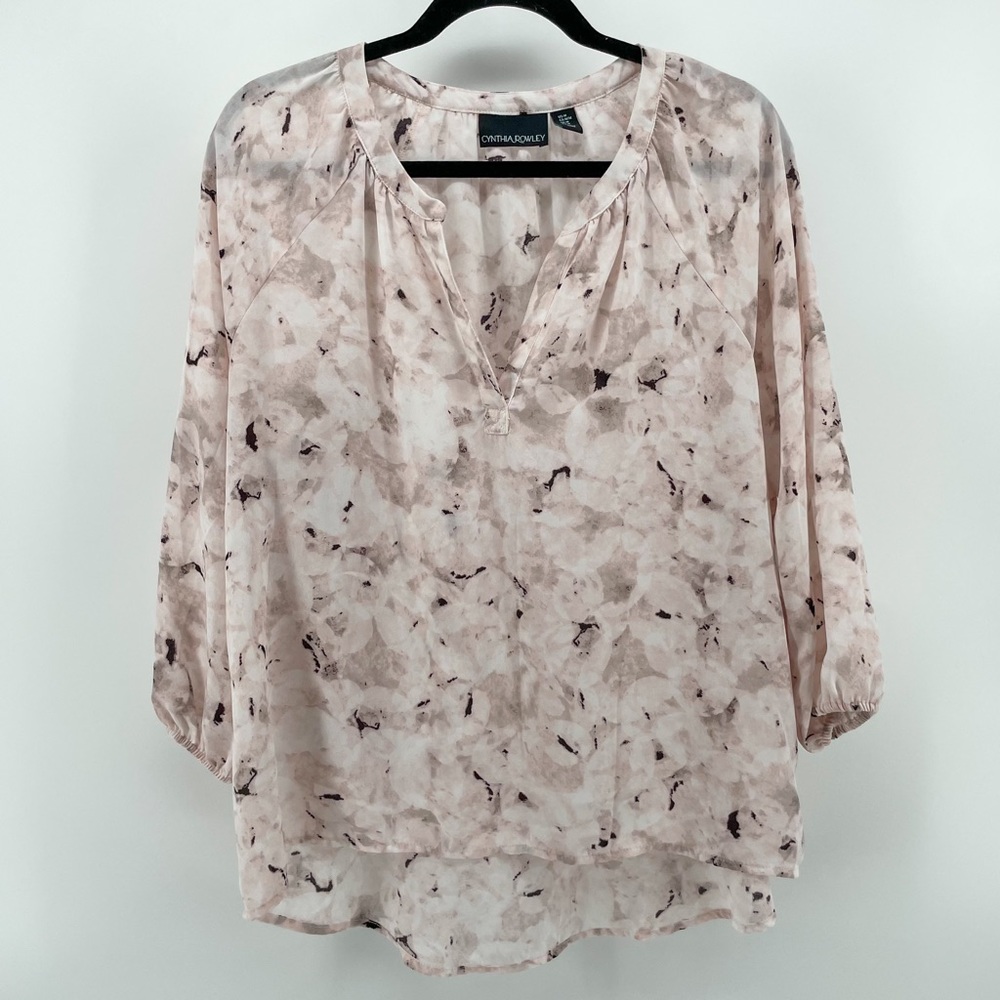 Cynthia Rowley Blouse Pink Tan Floral Split Neck 3/4 Length Sleeves M